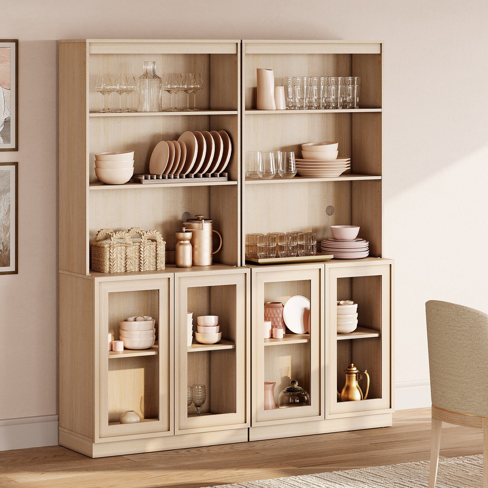 Modern 72" Tall Sideboard Buffet Cabinet, Glass Door Storage Cabinet with Adjustable Shelves, Open & Closed Layered Wood Console Cabinet for Dining Room Living Room Entryway,Beige