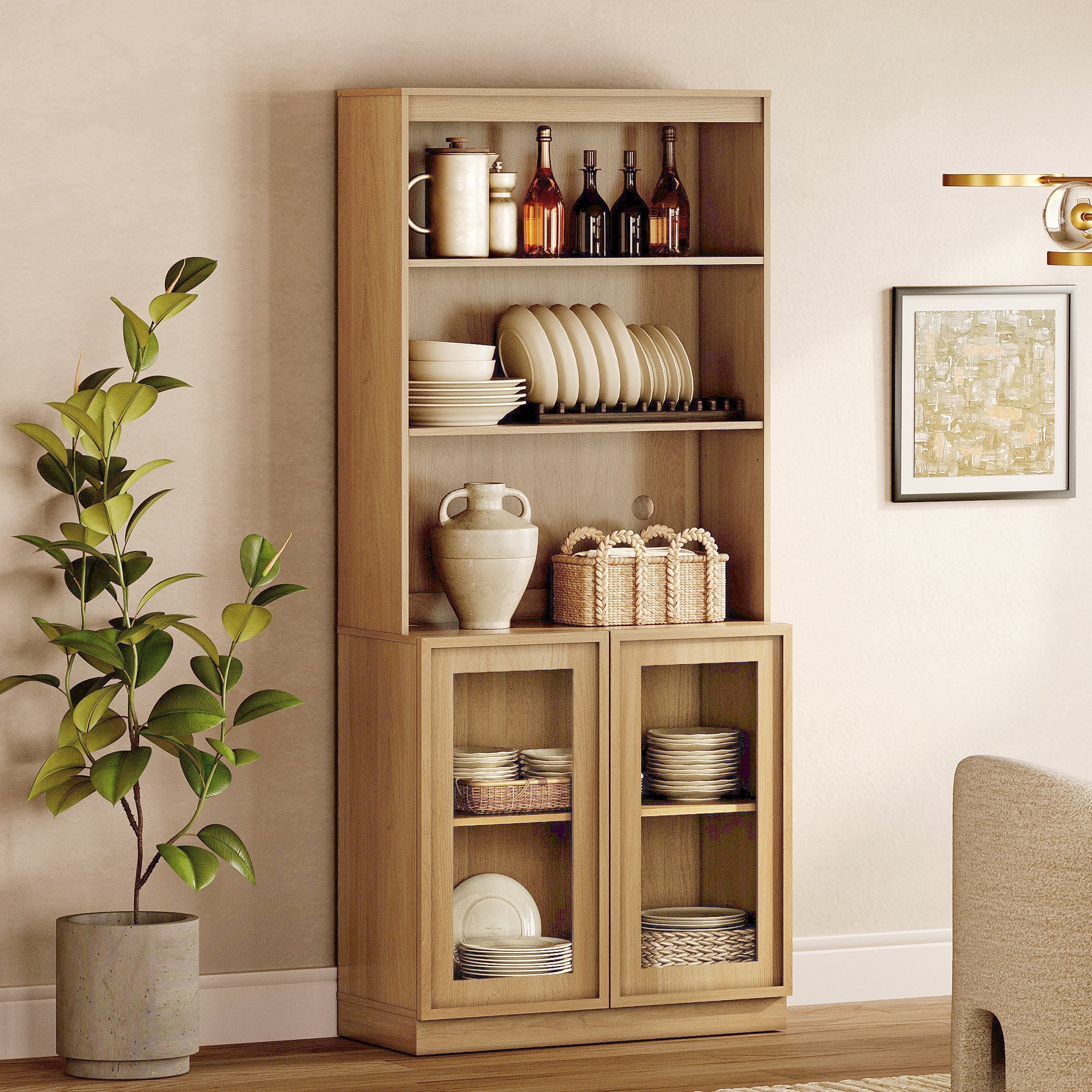Modern 72" Tall Sideboard Buffet Cabinet, Glass Door Storage Cabinet with Adjustable Shelves, Open & Closed Layered Wood Console Cabinet for Dining Room Living Room Entryway,Oak