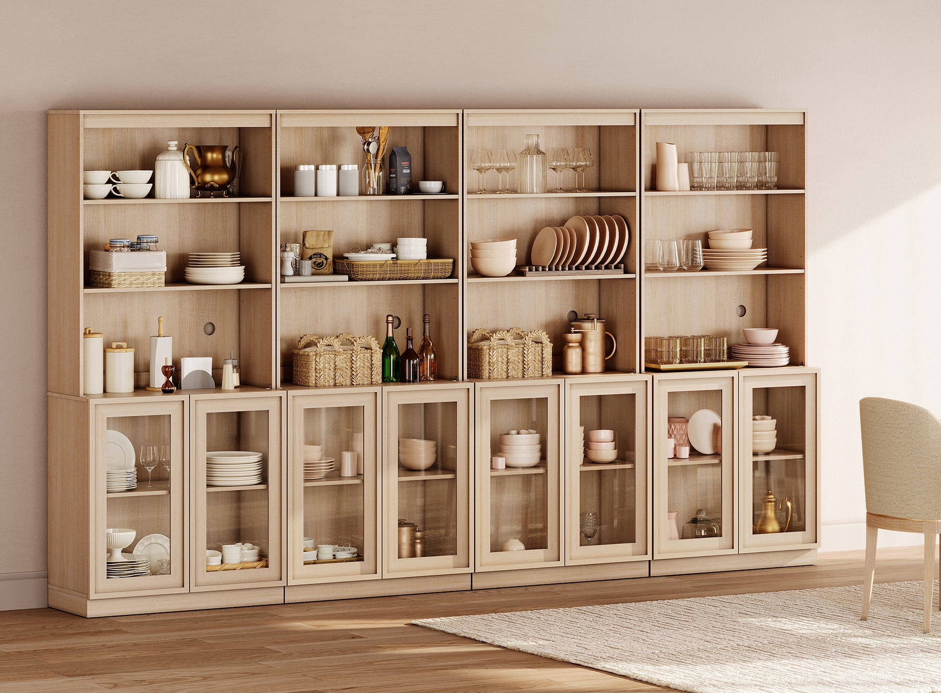 Modern 72" Tall Sideboard Buffet Cabinet, Glass Door Storage Cabinet with Adjustable Shelves, Open & Closed Layered Wood Console Cabinet for Dining Room Living Room Entryway,Beige
