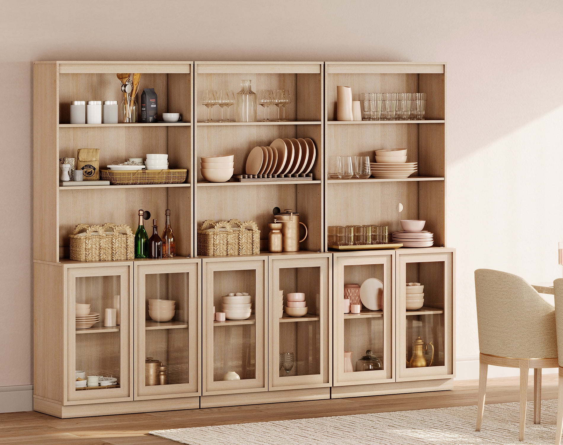 Modern 72" Tall Sideboard Buffet Cabinet, Glass Door Storage Cabinet with Adjustable Shelves, Open & Closed Layered Wood Console Cabinet for Dining Room Living Room Entryway,Beige