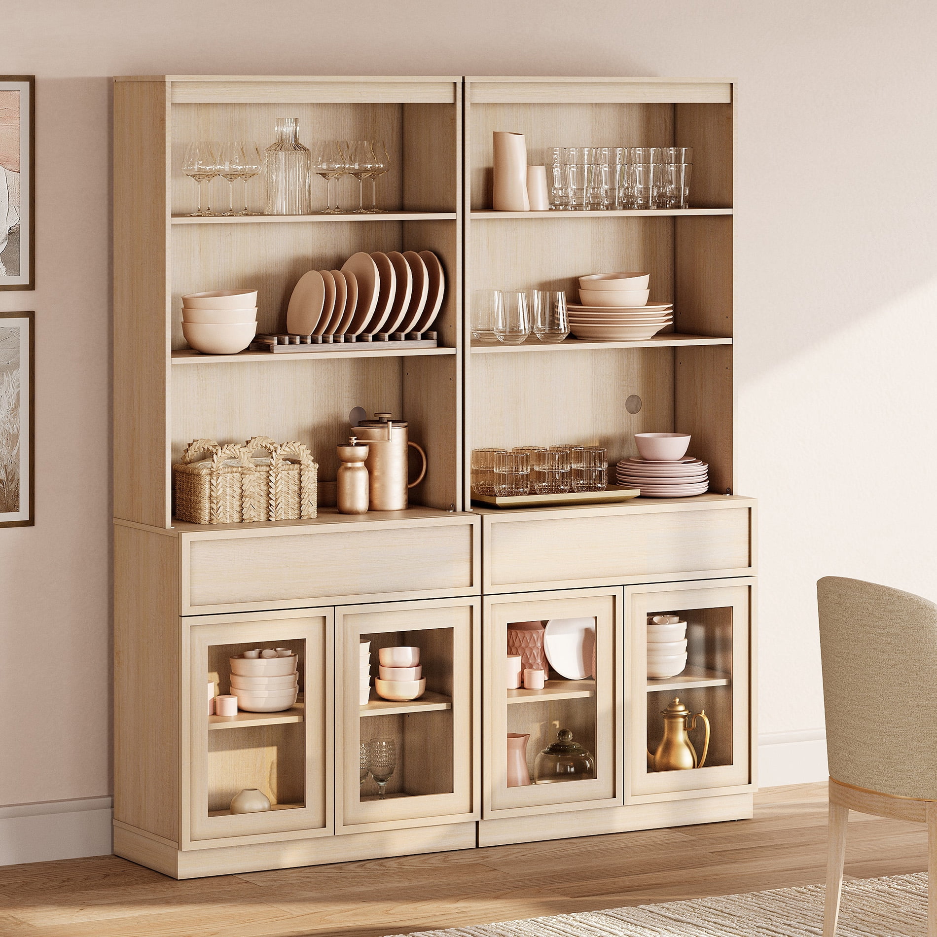 Modern 72" Tall Sideboard Buffet Cabinet, Glass Door Storage Cabinet with Drawers & Adjustable Shelves, Wood Console Cabinet for Dining Room,Entryway,Living Room,Beige