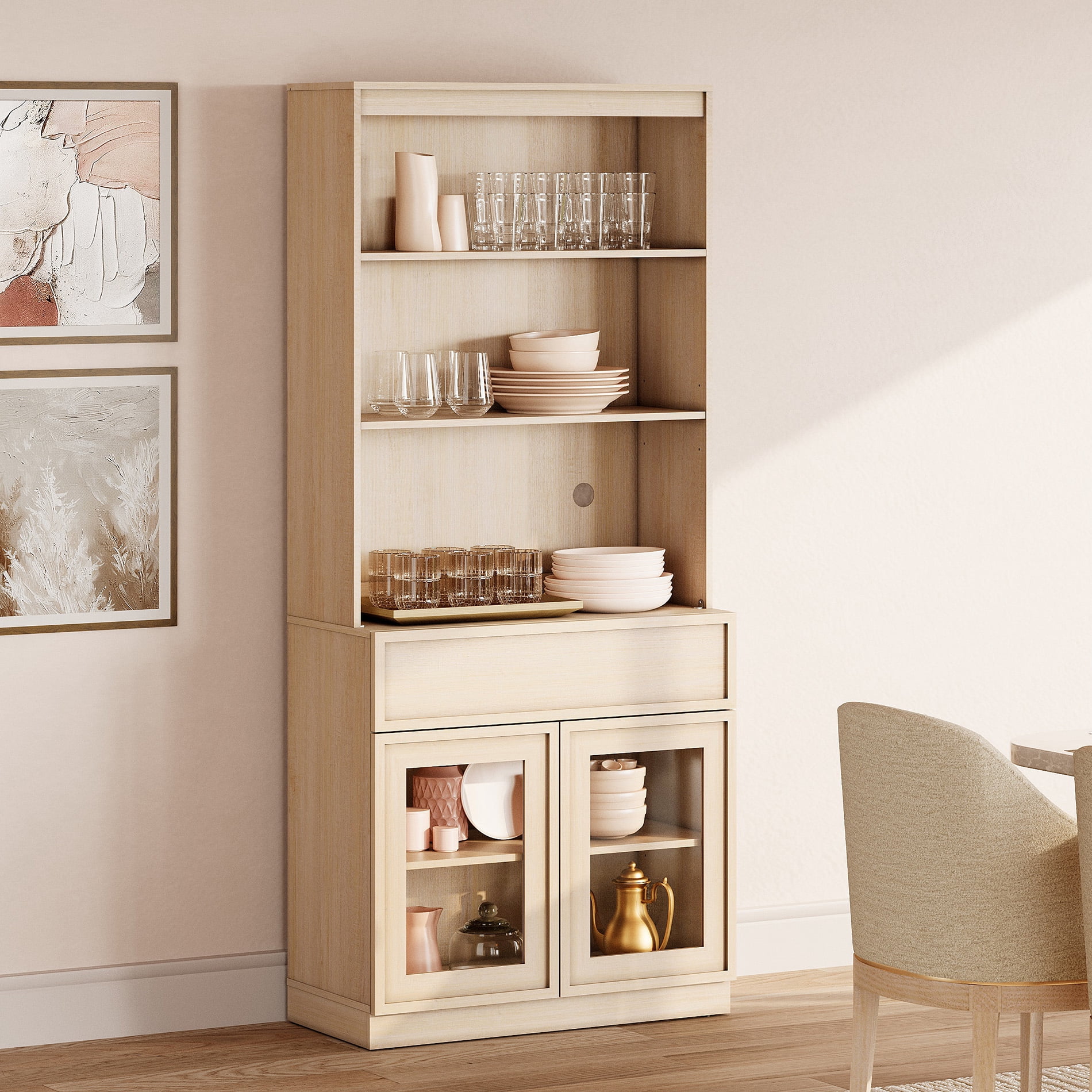 Modern 72" Tall Sideboard Buffet Cabinet, Glass Door Storage Cabinet with Drawers & Adjustable Shelves, Wood Console Cabinet for Dining Room,Entryway,Living Room,Beige