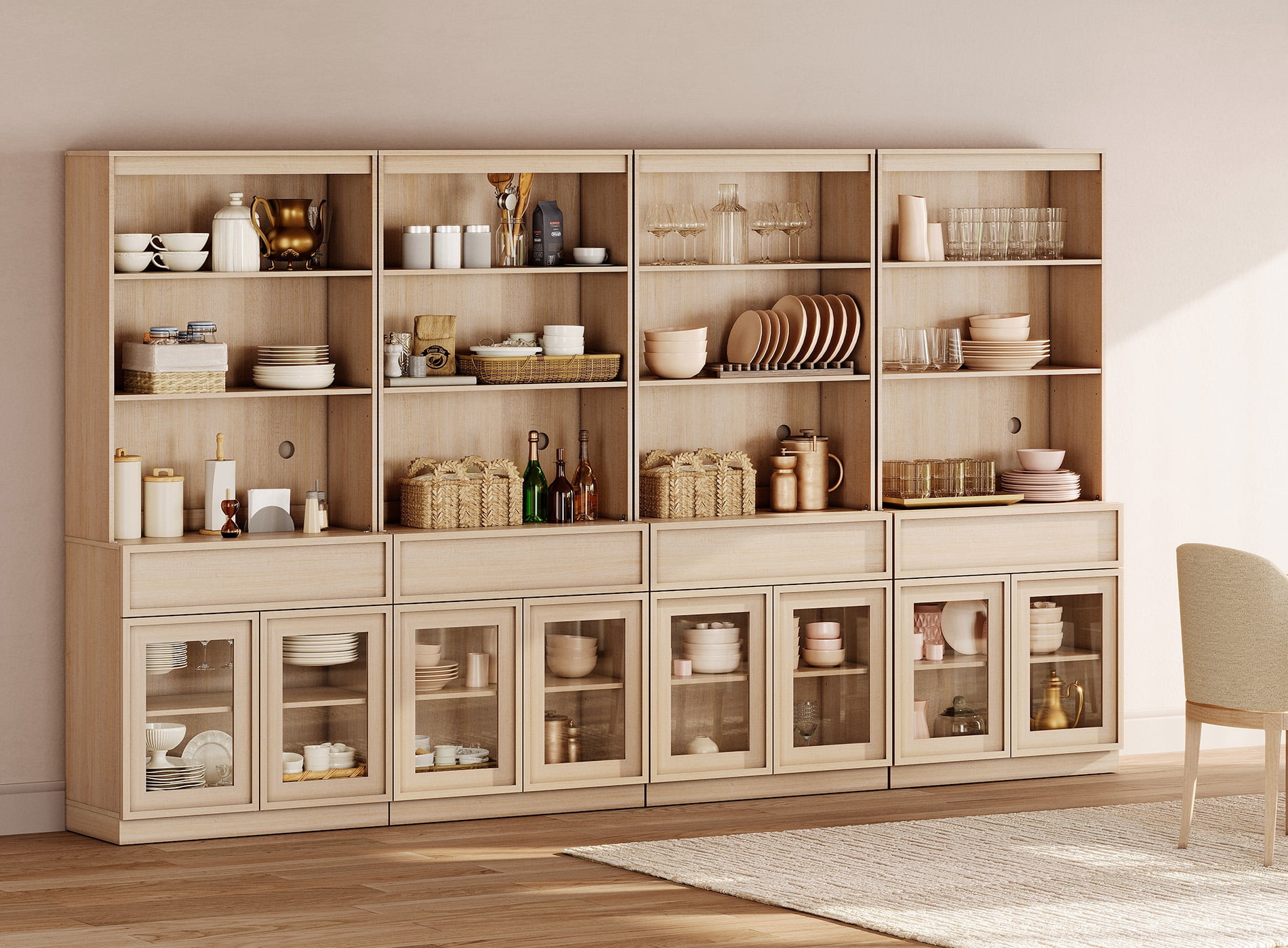Modern 72" Tall Sideboard Buffet Cabinet, Glass Door Storage Cabinet with Drawers & Adjustable Shelves, Wood Console Cabinet for Dining Room,Entryway,Living Room,Beige