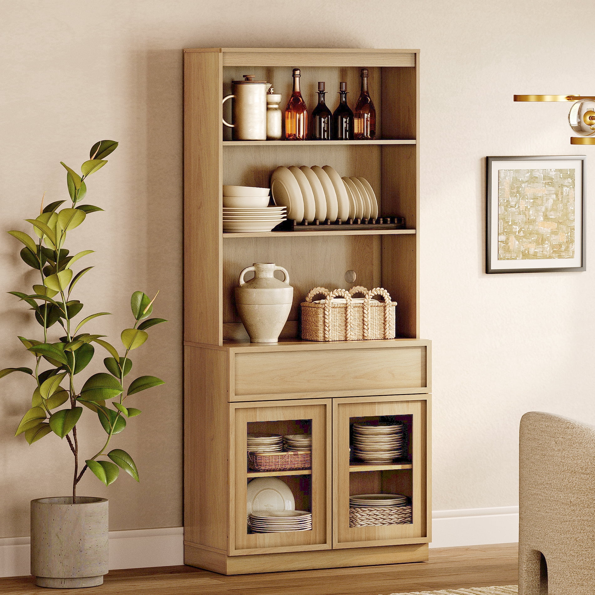Modern 72" Tall Sideboard Buffet Cabinet, Glass Door Storage Cabinet with Drawers & Adjustable Shelves, Wood Console Cabinet for Dining Room,Entryway,Living Room,Oak