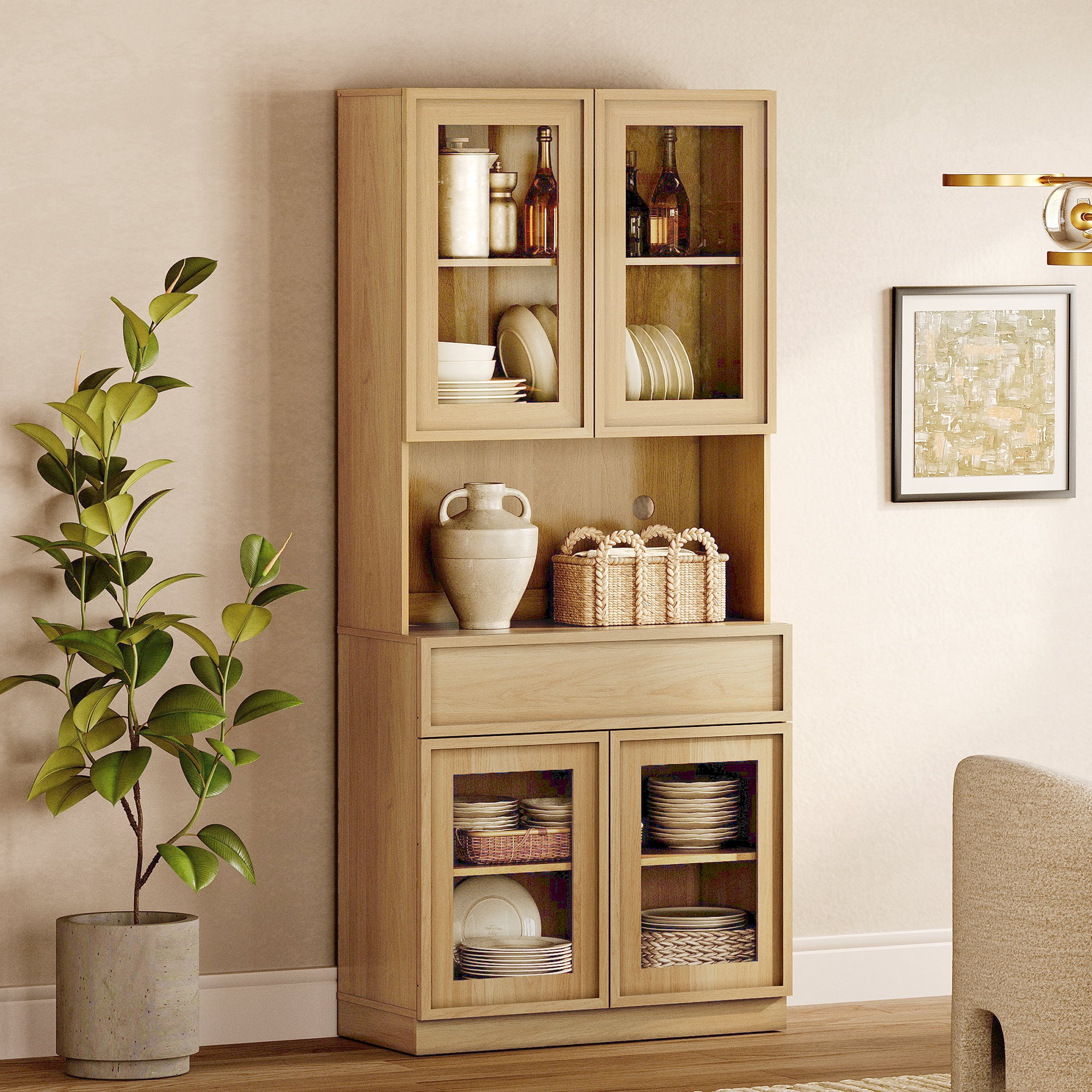 Modern 72"Tall Sideboard, Wood Buffet Display Cabinet with Glass Doors, Drawers and Adjustable Shelves, Multi-Layer Storage Console for Dining Room,Living Room,Entryway,Oak