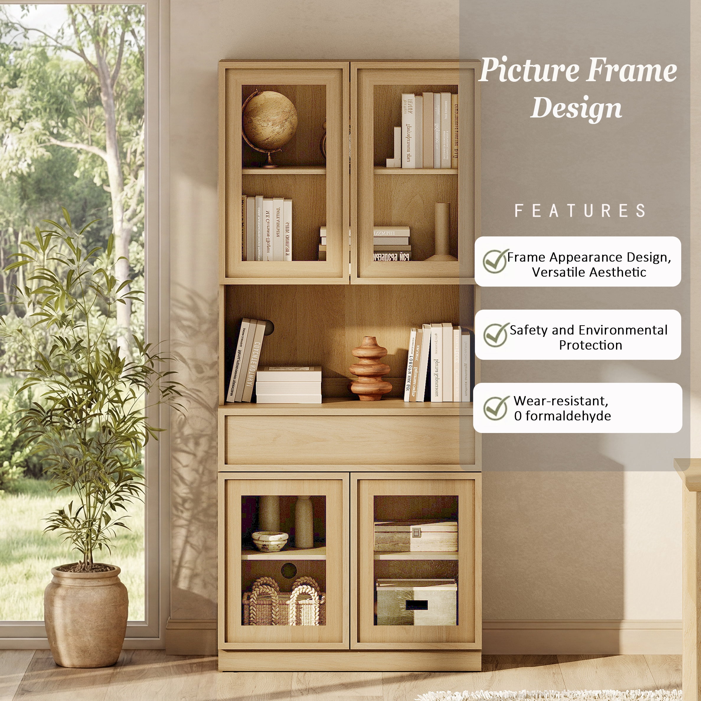 Modern 72"Tall Sideboard, Wood Buffet Display Cabinet with Glass Doors, Drawers and Adjustable Shelves, Multi-Layer Storage Console for Dining Room,Living Room,Entryway,Oak