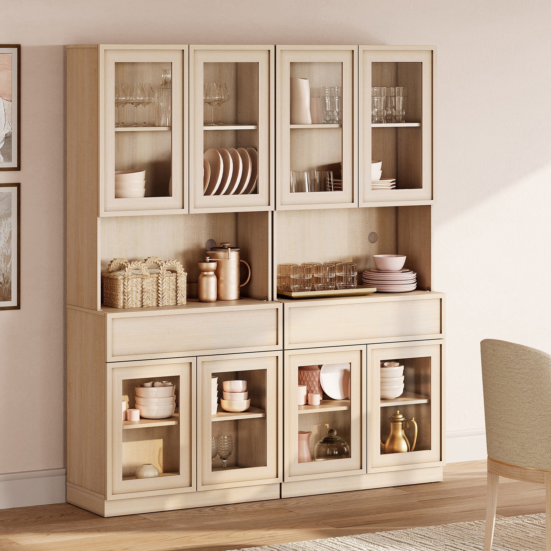 Modern 72"Tall Sideboard, Wood Buffet Display Cabinet with Glass Doors, Drawers and Adjustable Shelves, Multi-Layer Storage Console for Dining Room,Living Room,Entryway,Beige