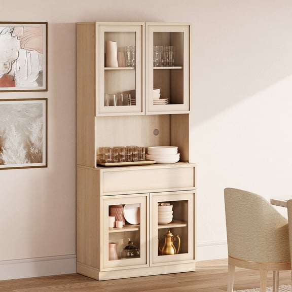 Modern 72"Tall Sideboard, Wood Buffet Display Cabinet with Glass Doors, Drawers and Adjustable Shelves, Multi-Layer Storage Console for Dining Room,Living Room,Entryway,Beige