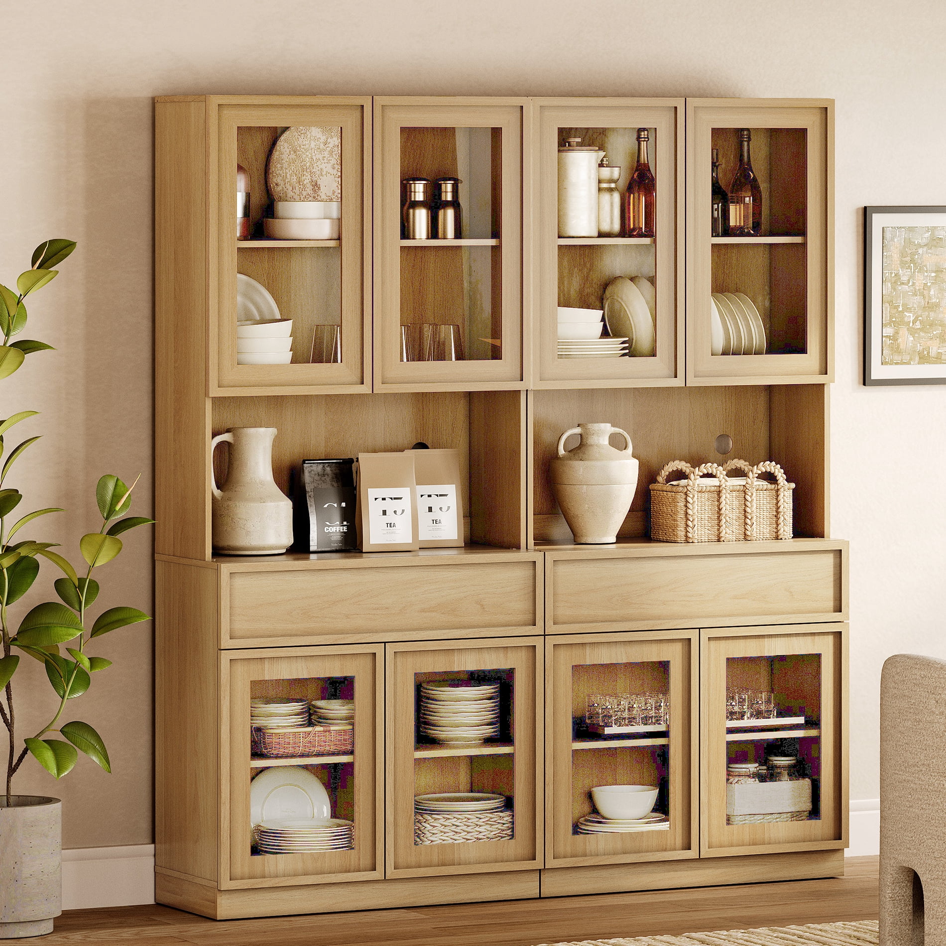 Modern 72"Tall Sideboard, Wood Buffet Display Cabinet with Glass Doors, Drawers and Adjustable Shelves, Multi-Layer Storage Console for Dining Room,Living Room,Entryway,Oak