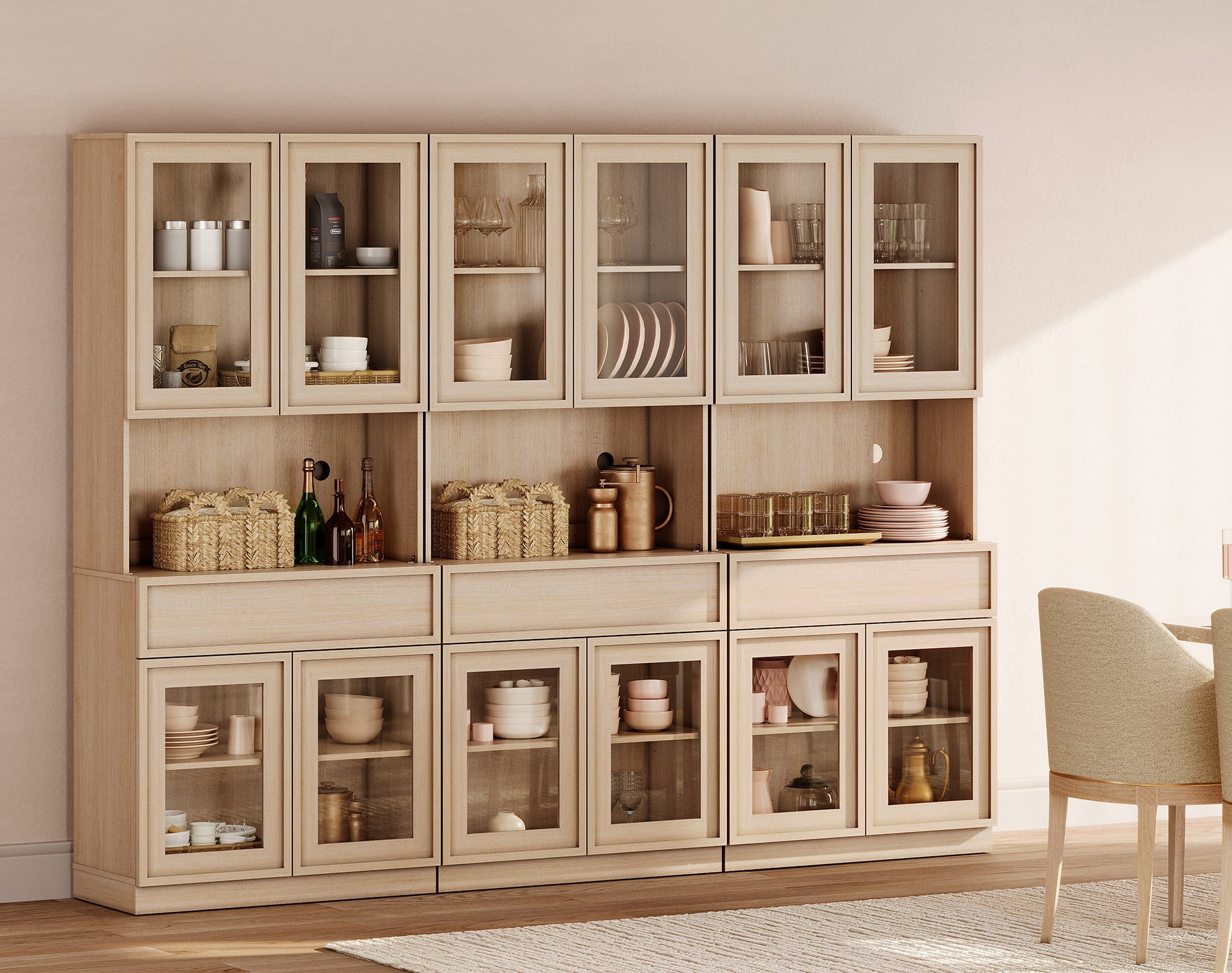 Modern 72"Tall Sideboard, Wood Buffet Display Cabinet with Glass Doors, Drawers and Adjustable Shelves, Multi-Layer Storage Console for Dining Room,Living Room,Entryway,Beige