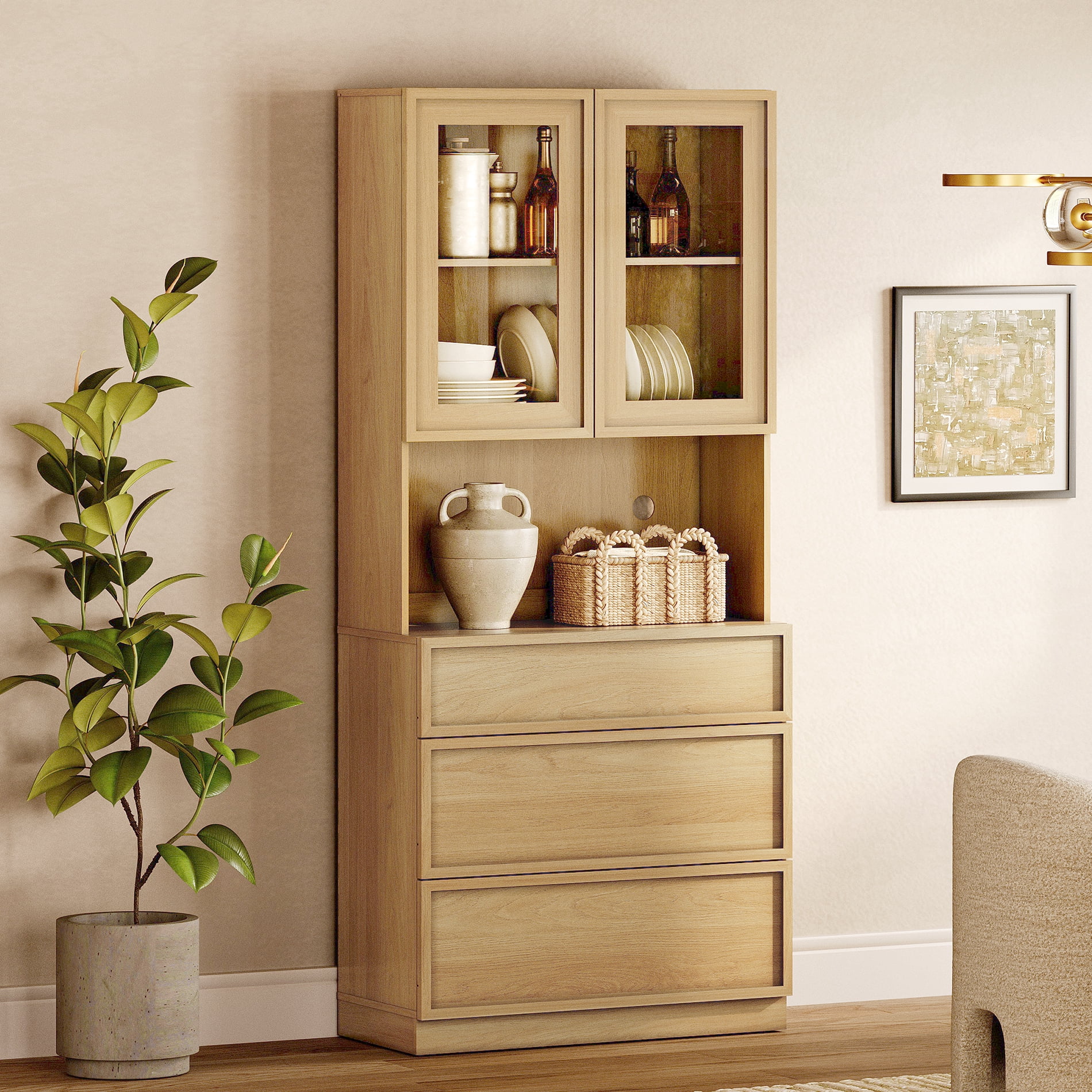 Modern 72" Tall Wood Sideboard Buffet with 3 Drawers, Glass Display & Closed Storage for Dining Kitchen,Oak