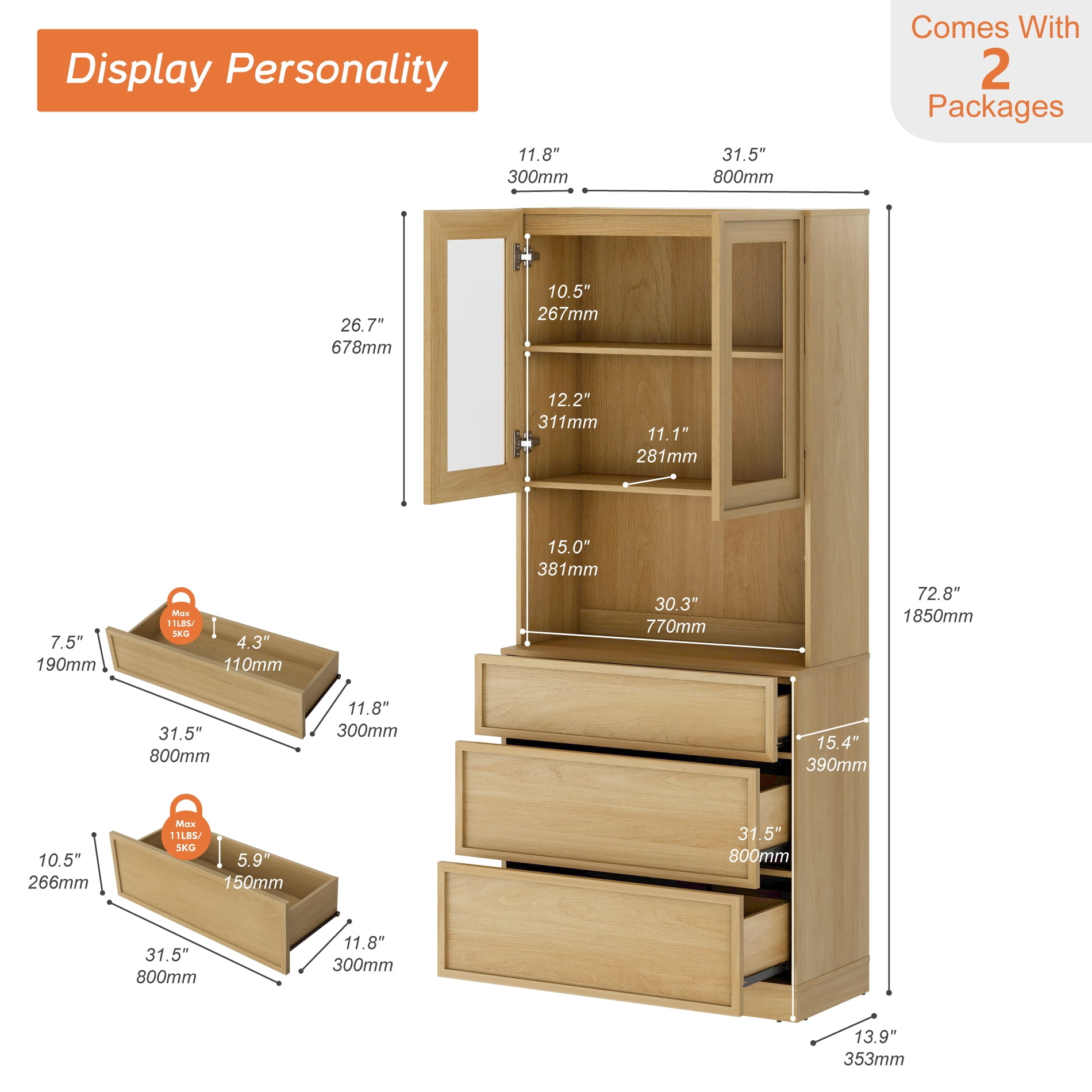 Modern 72" Tall Wood Sideboard Buffet with 9 Drawers, Glass Display & Closed Storage for Dining Kitchen,Oak