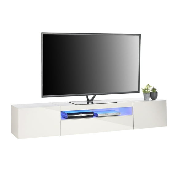 Modern 78.7" / 200 cm Wide TV Stand White Cabinet with Lights, for up to 90 inch TV Screens, Engineered Wood - Entertainment Furniture, Gaming Console Storage, Blue LED lights