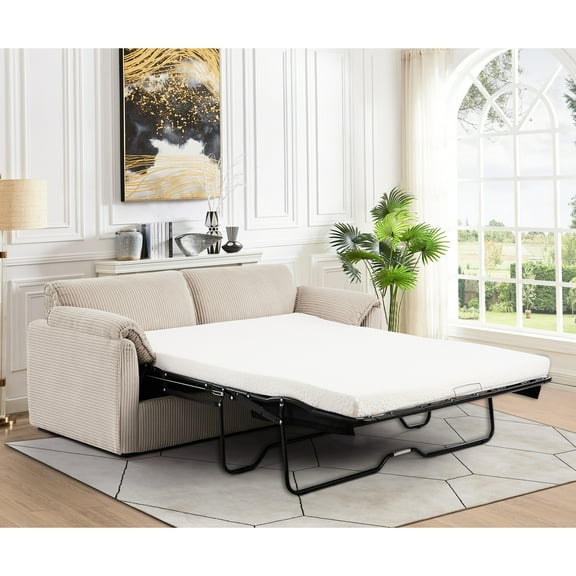 Modern 79.96-inch Sleeper Couch, Comfy Futon Bed, Velvet Upholstery, Metal Frame, High Sponge, 3 Modes Available Comfortable Pull Out For Living Area