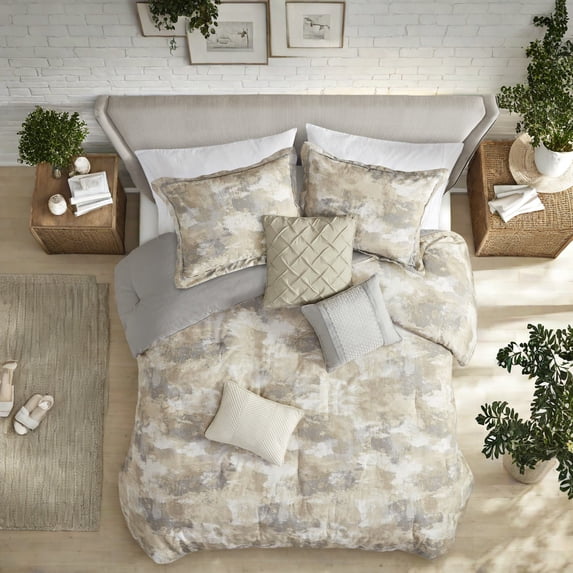Modern 7Piece Cotton Blend Bedding Set Gray King Hypoallergenic Comfort