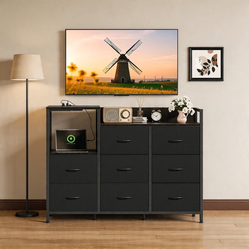 Modern 8 Drawer Dresser with Charging Station, Wide Storage Chest with Open Display Shelves, Tall Fabric Dresser for Living Room, Media Console for Wall-Mounted TV, Black