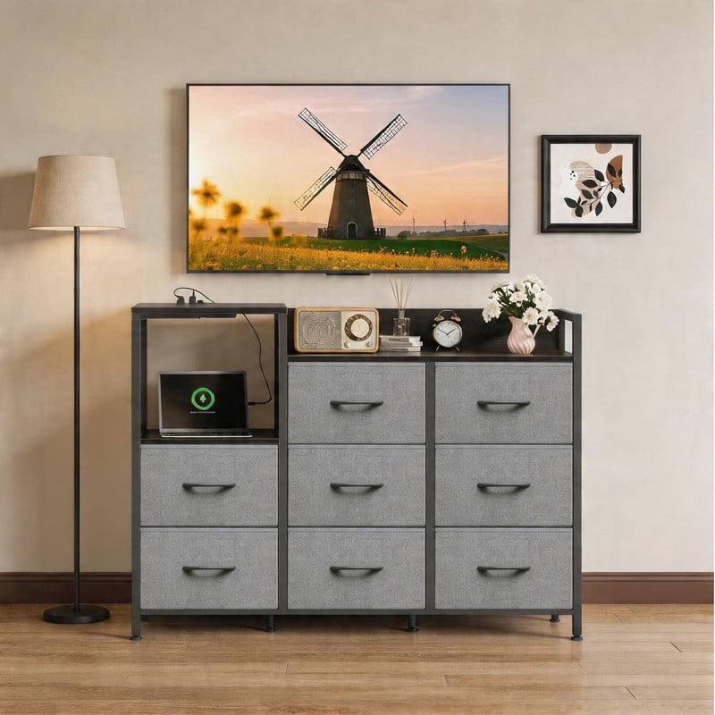 Modern 8 Drawer Dresser with Charging Station, Wide Storage Chest with Open Display Shelves, Tall Fabric Dresser for Living Room, Media Console for Wall-Mounted TV, Gray