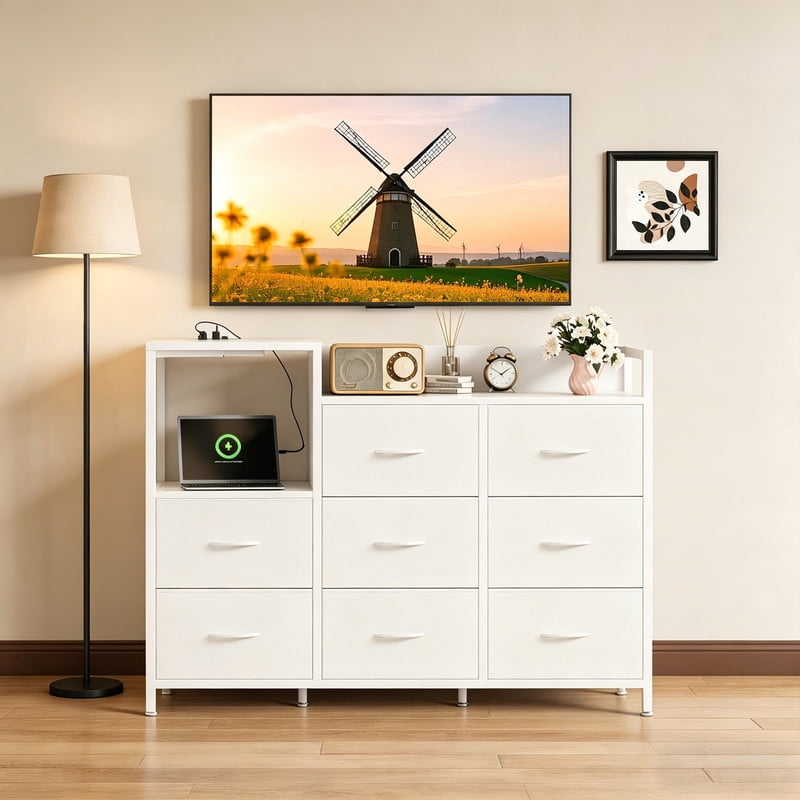 Modern 8 Drawer Dresser with Charging Station, Wide Storage Chest with Open Display Shelves, Tall Fabric Dresser for Living Room, Media Console for Wall-Mounted TV, White