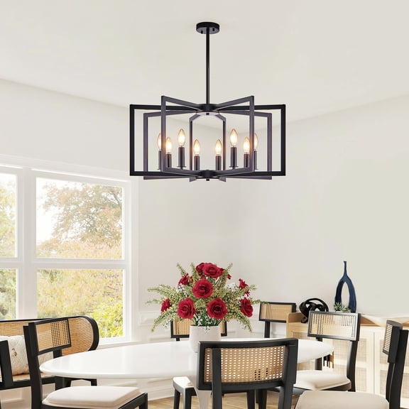 Modern 8-Light Black Square Tiered Chandelier - Farmhouse Cage Pendant Light for Living Room, Dining Room & Entryway (E12 Base, Bulbs Not Included)