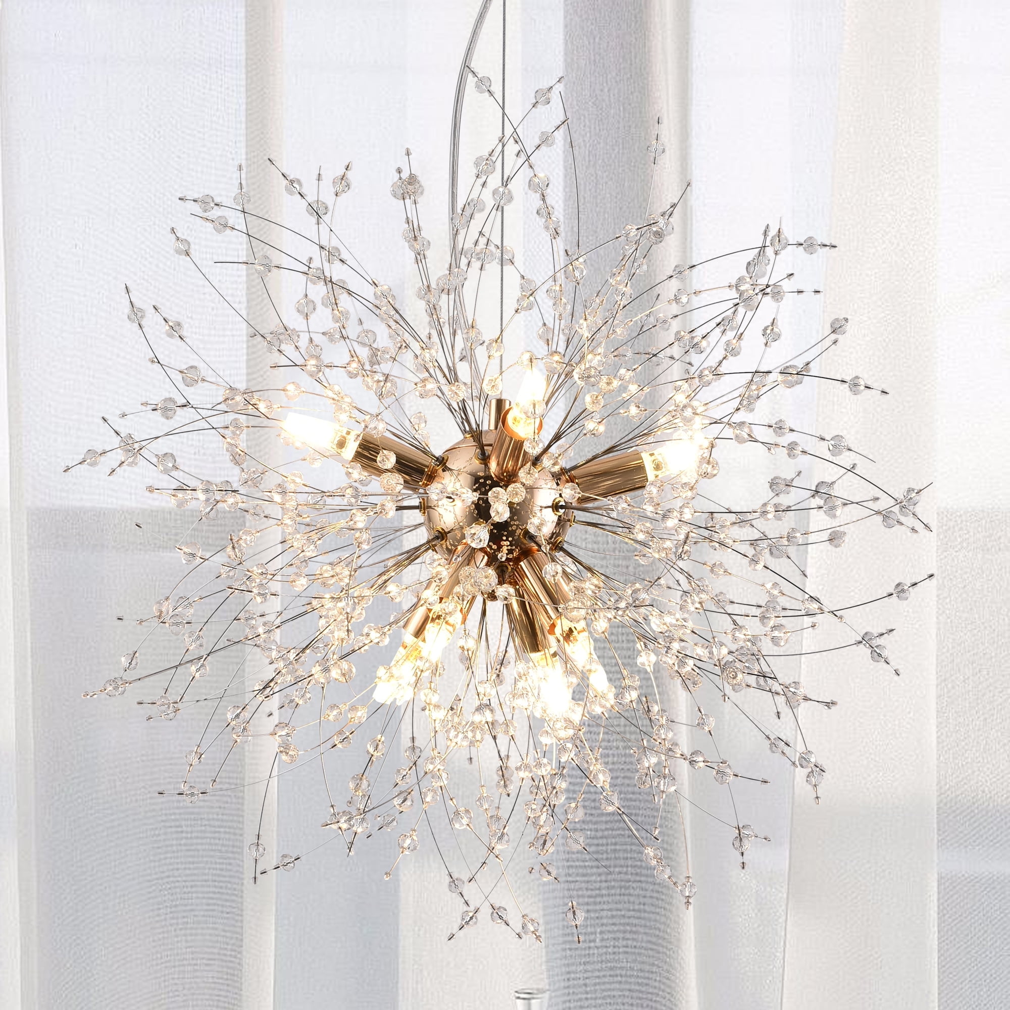 Modern 8-Lights Sputnik Chandelier Lighting, Small Dandelion Gold Ceiling Pendant Light Fixtures, Round Firework Crystal Hanging Lamp for Dining Room Bedroom Kitchen Island