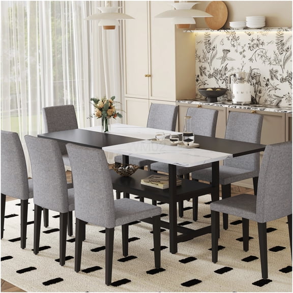 Modern 8-Piece Dining Set with Storage, Light Gray Linen-Cotton Chairs, White and Black Spliced Table