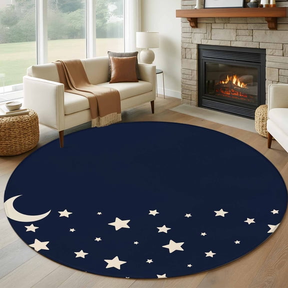 Modern 8' Round Area Rug, Japanese Style Minimalist Moon Stars Blue Washable Non-Slip Large Circle Rugs for Living Room Bedroom, Soft Low Pile Rug Carpet for Dining Room Kitchen Farmhouse