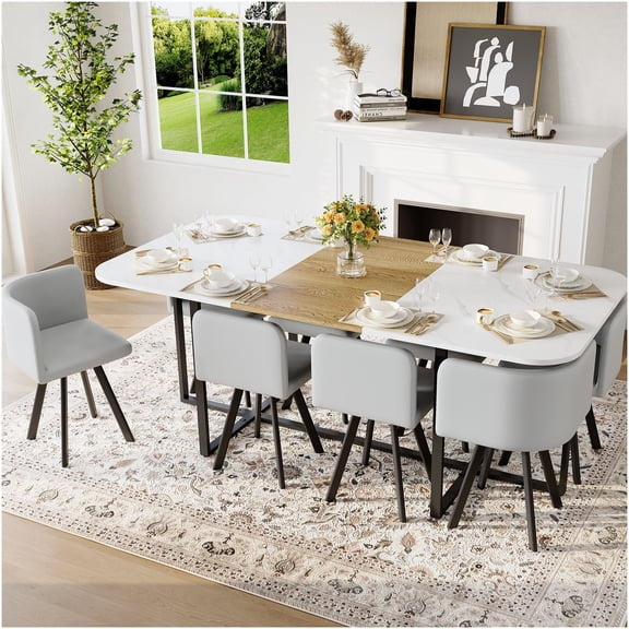 Modern 8-Seater Dining Table Set with Faux Marble Top and Gray PU Chairs, Square Kitchen Table for Family Gathering, Fixed Non-Extendable Design