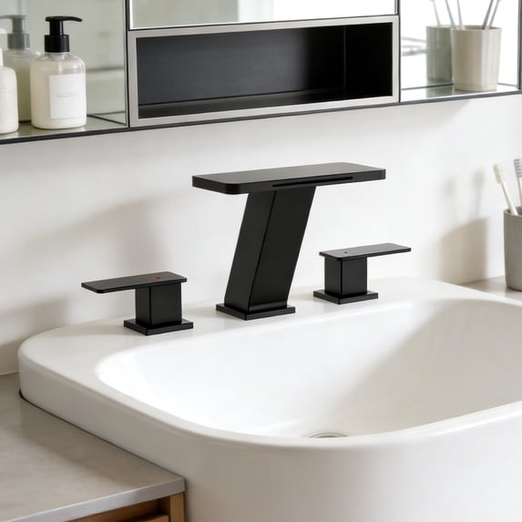 Modern 8 in. Waterfall Widespread 2-Handle Bathroom Faucet, Matte Black Finish, Pop-Up Drain, Spa-Inspired Design & Easy Installation