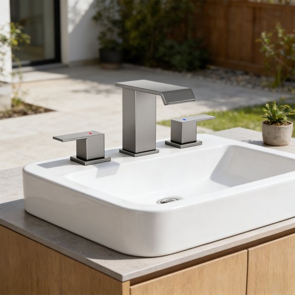 Modern 8 in. Waterfall Widespread Bathroom Faucet, Brushed Nickel Finish, 2-Handle Design, Pop-Up Drain, Complete DIY Installation Kit