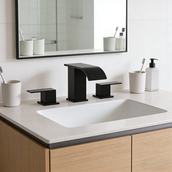 Modern 8 in. Waterfall Widespread Bathroom Faucet, Matte Black Finish, 2-Handle Design, Pop-Up Drain, Easy Installation & Spa-Inspired Style