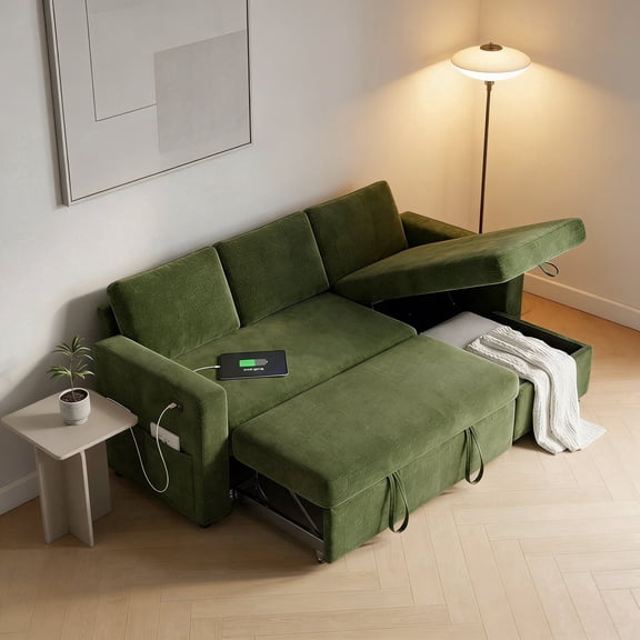 Modern 81" L-Shaped Convertible Sleeper Sofa, Pull-Out Bed Couch with Storage Chaise, USB Charging, Chenille Fabric, Space-Saving Sectional for Apartment, Green