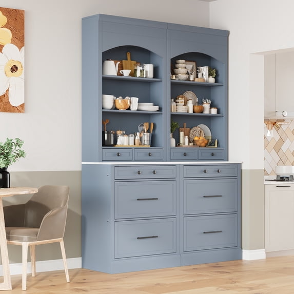 Modern 83.7inch High Kitchen Pantry, Freestanding Tall Kitchen Hutch with Faux Marble Top,Cupboard Cabinet with 5 Storage Drawers and Adjustable Shelf, Set of 2 (Gray)
