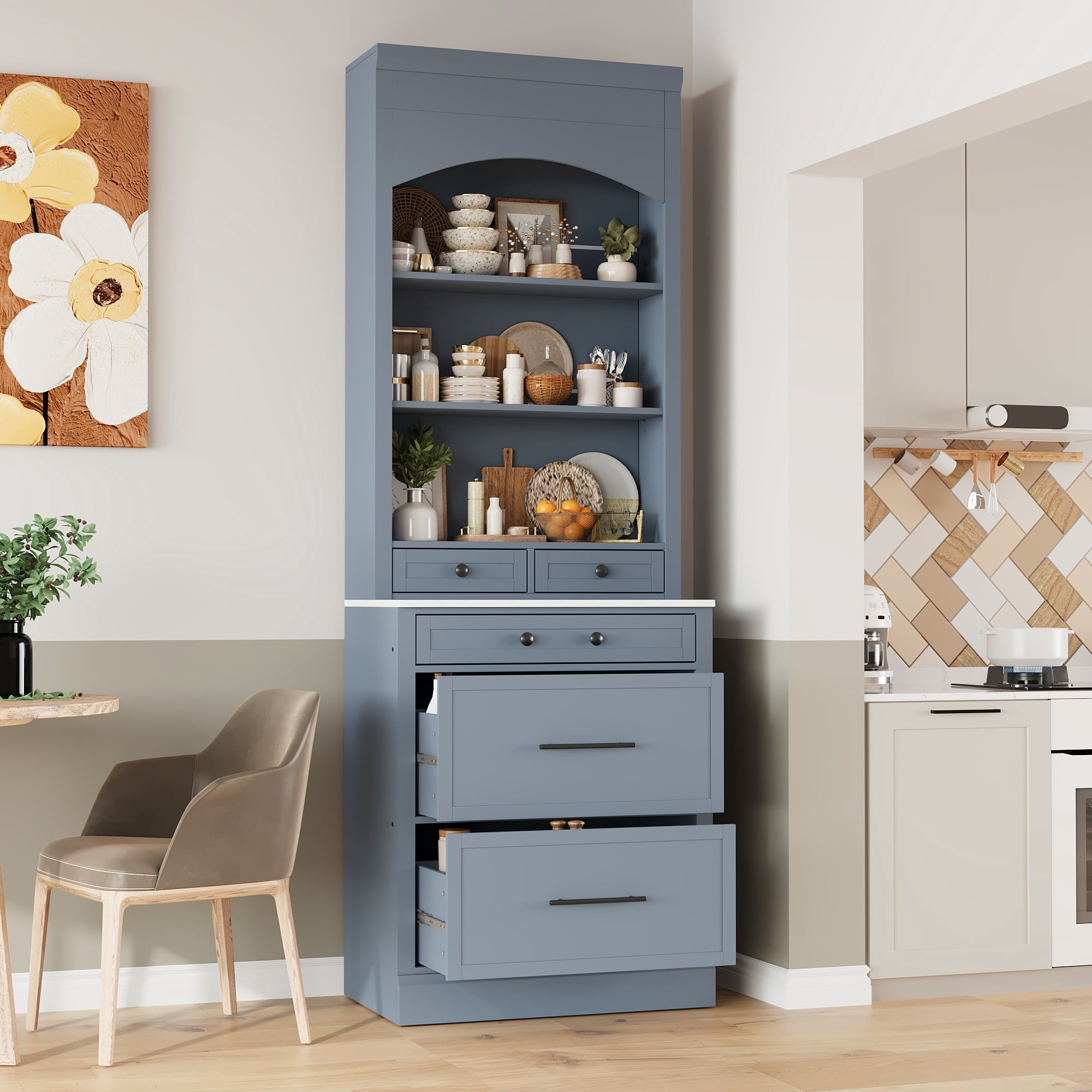Modern 83.7inch High Kitchen Pantry, Freestanding Tall Kitchen Hutch with Faux Marble Top, Display Cupboard Cabinet with 5 Storage Drawers and Adjustable Shelf (Gray)
