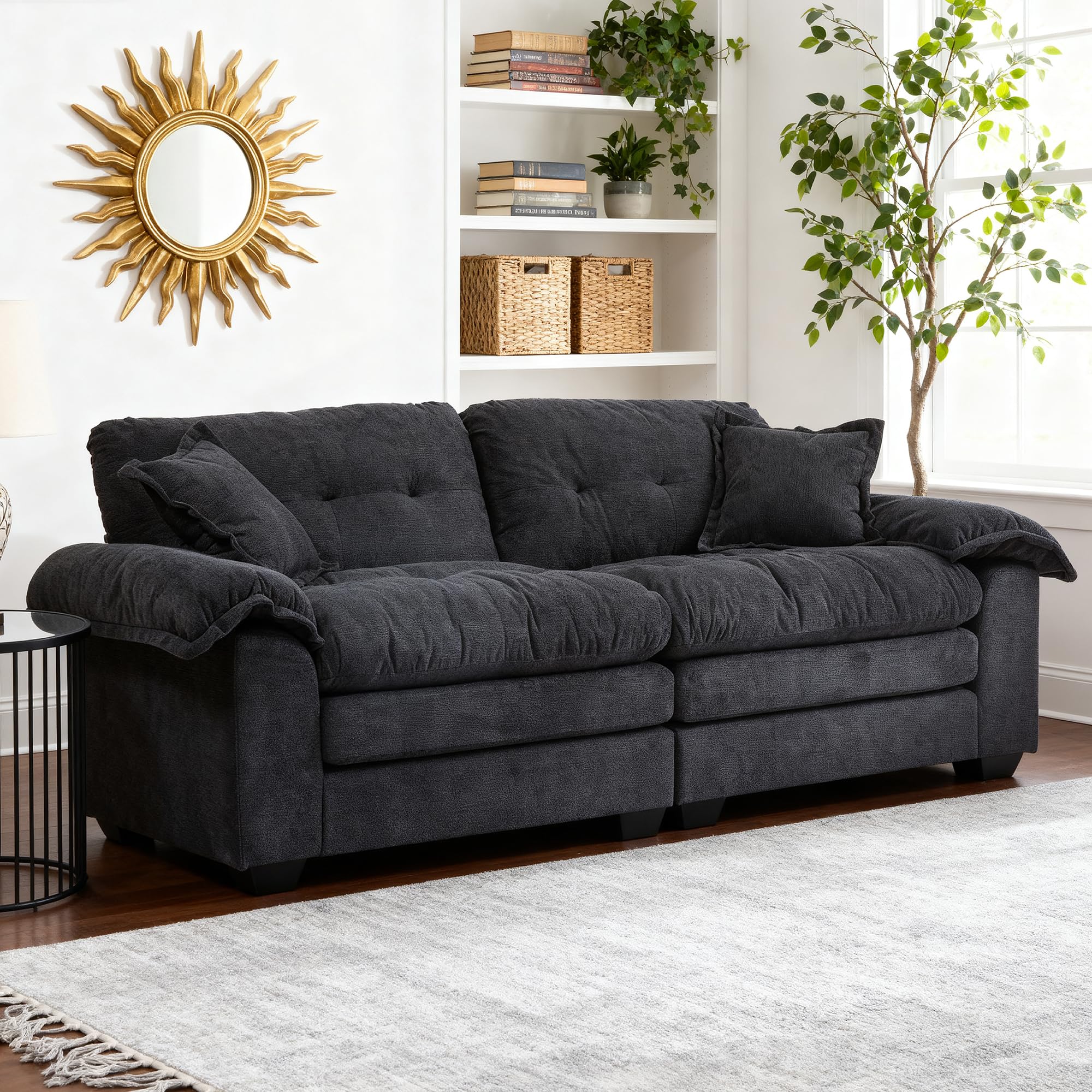 Modern 84" Chenille Loveseat Sofa, Ultra-Comfy Upholstered Couch with 2 Pillows for Apartment, Living Room, Bedroom, or Home Office​​ (Black)