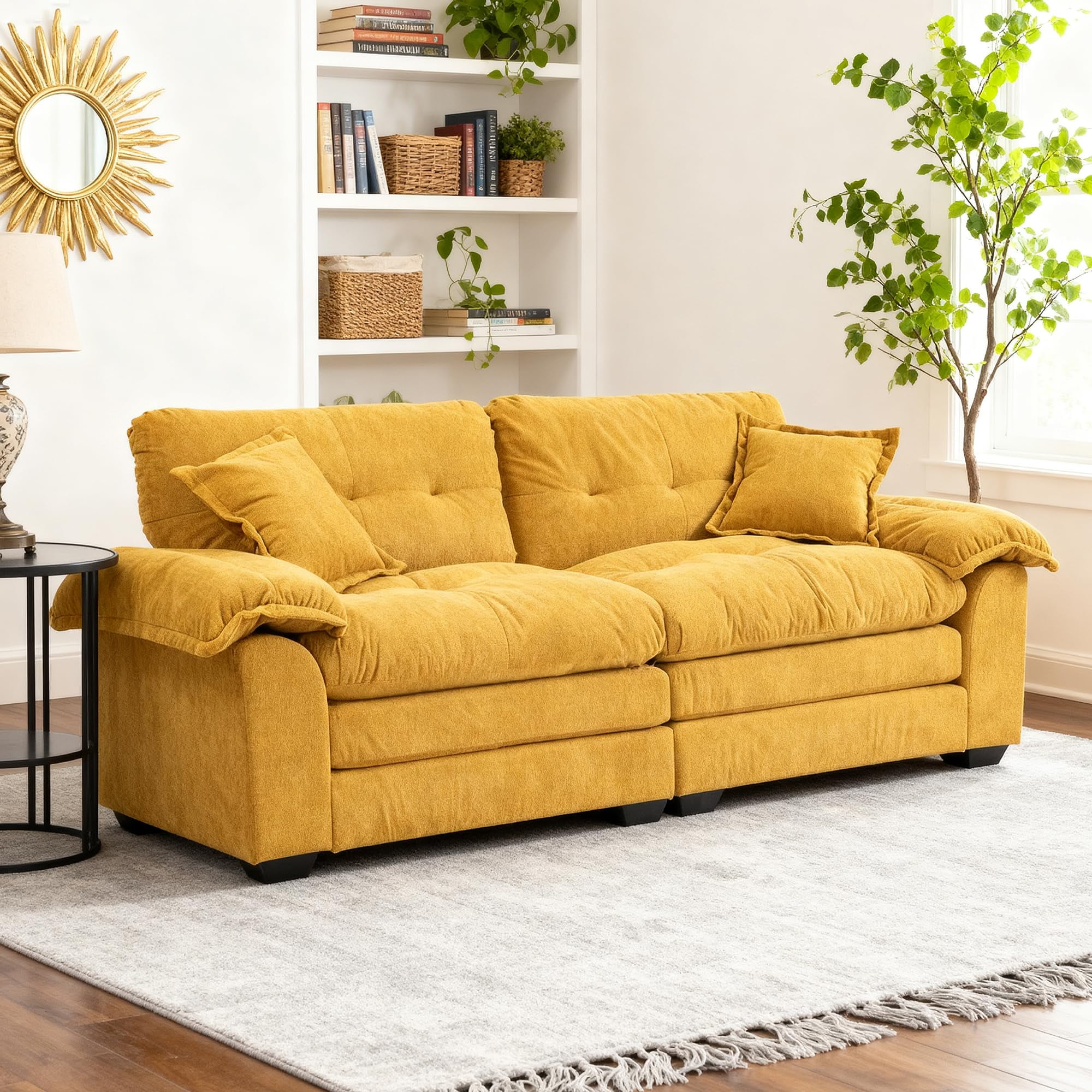 Modern 84" Chenille Loveseat Sofa, Ultra-Comfy Upholstered Couch with 2 Pillows for Apartment, Living Room, Bedroom, or Home Office​​ (Yellow)