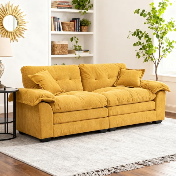 Modern 84" Chenille Loveseat Sofa, Ultra-Comfy Upholstered Couch with 2 Pillows for Apartment, Living Room, Bedroom, or Home Office (Yellow)