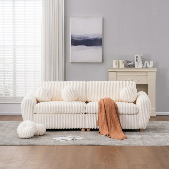 Modern 84" White Corduroy Sectional Sofa, Upholstered Love Seat Couch for Living Room, Apartment, Bedroom, or Home Office, Comfortable and Stylish Fabric Couch for Small Spaces (White)