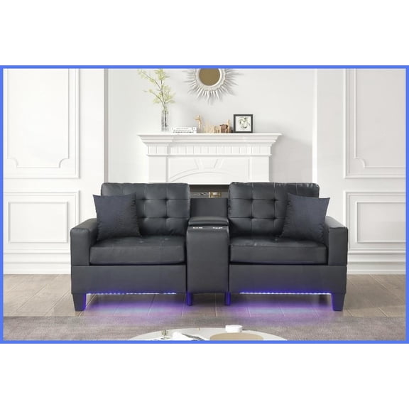 Modern 85W Black PVC Fabric Sofa with LED Lights, USB Chargers & Storage Console Perfect for Living Room