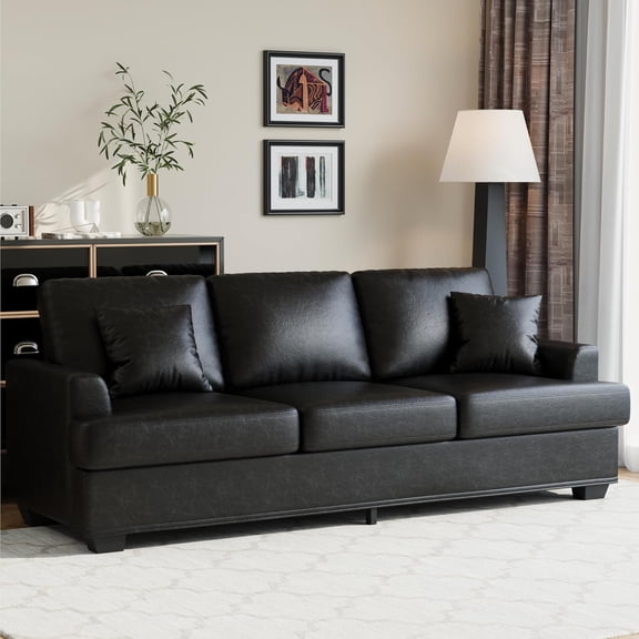 Modern 86" Leather Sofa with 2 Throw Pillows, Deep Seat Couch with Upholstered Cushion & Removable Cover,Comfy Faux Leather Sofa Couch for Small Space Apartment Lounge, Black