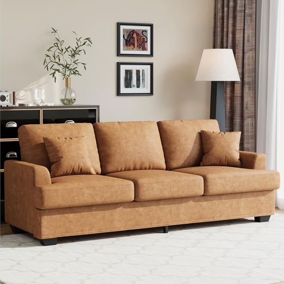 Modern 86" Leather Sofa with 2 Throw Pillows, Deep Seat Couch with Upholstered Cushion & Removable Cover,Comfy Faux Leather Sofa Couch for Small Space Apartment Lounge, Brown