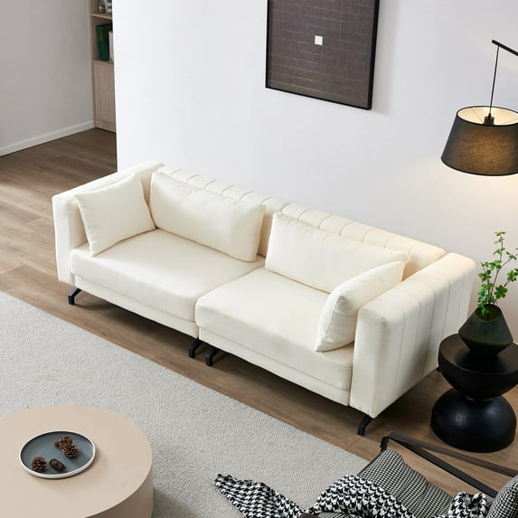 Modern 86" Velvet Loveseat Sofa with 2 Pillows, Mid-Century 2 Seater Sofa with Padded Cushions and Metal Legs, Oversize 2 Seater Couches for Living Room Bedroom Office, Ivory