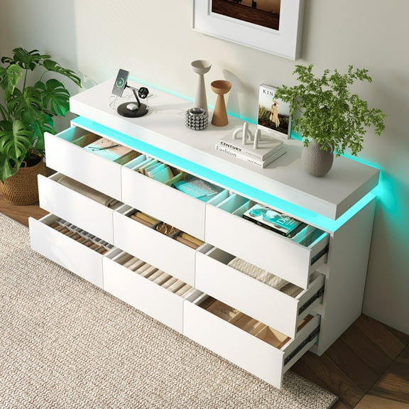 Modern 9-Drawer Dresser with Power Outlet - Storage Cabinet with LED Lights, Wide Chest of Drawers with Charging Station, Organizer for Bedroom, Closet, Living Room