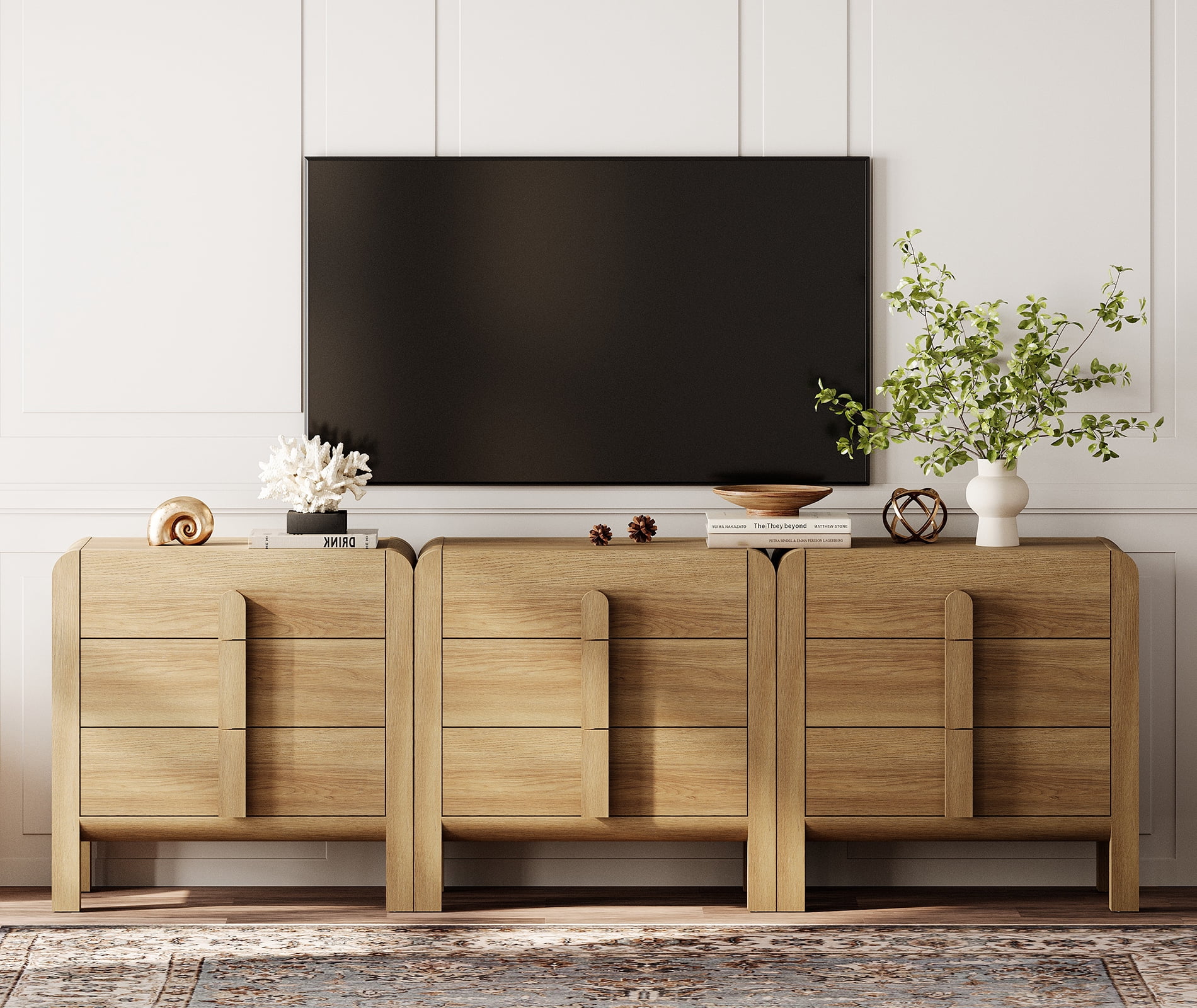 Modern 9 Drawer Dresser TV Stand for TVs up to 100 Inch, Cruved Entertainment Center, Wood TV Console with Storage for Living Room