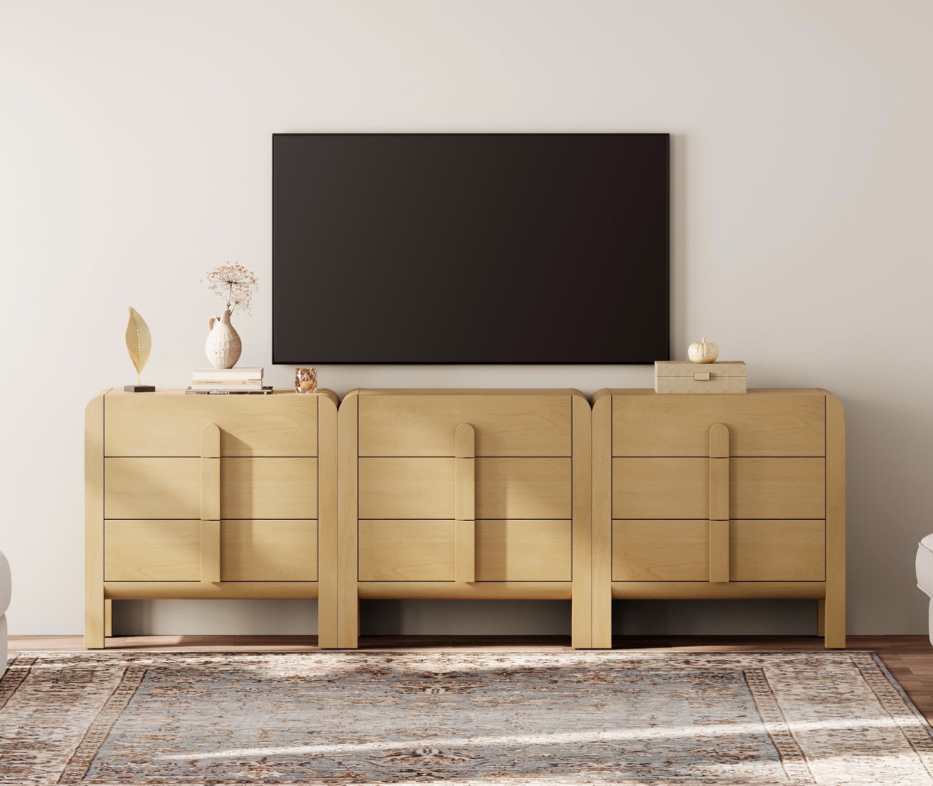 Modern 9 Drawer Dresser TV Stand for TVs up to 100 Inch, Cruved Entertainment Center, Wood TV Console with Storage for Living Room