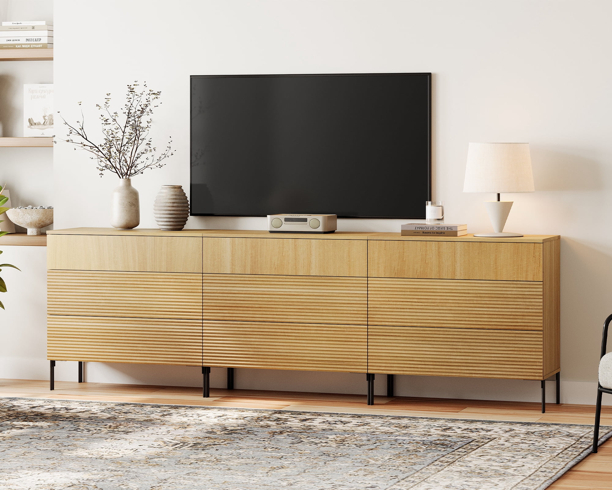 Modern 9 Drawer Dresser TV Stand for TVs up to 100 Inch, Reeded Entertainment Center, Wood TV Console with Storage for Living Room