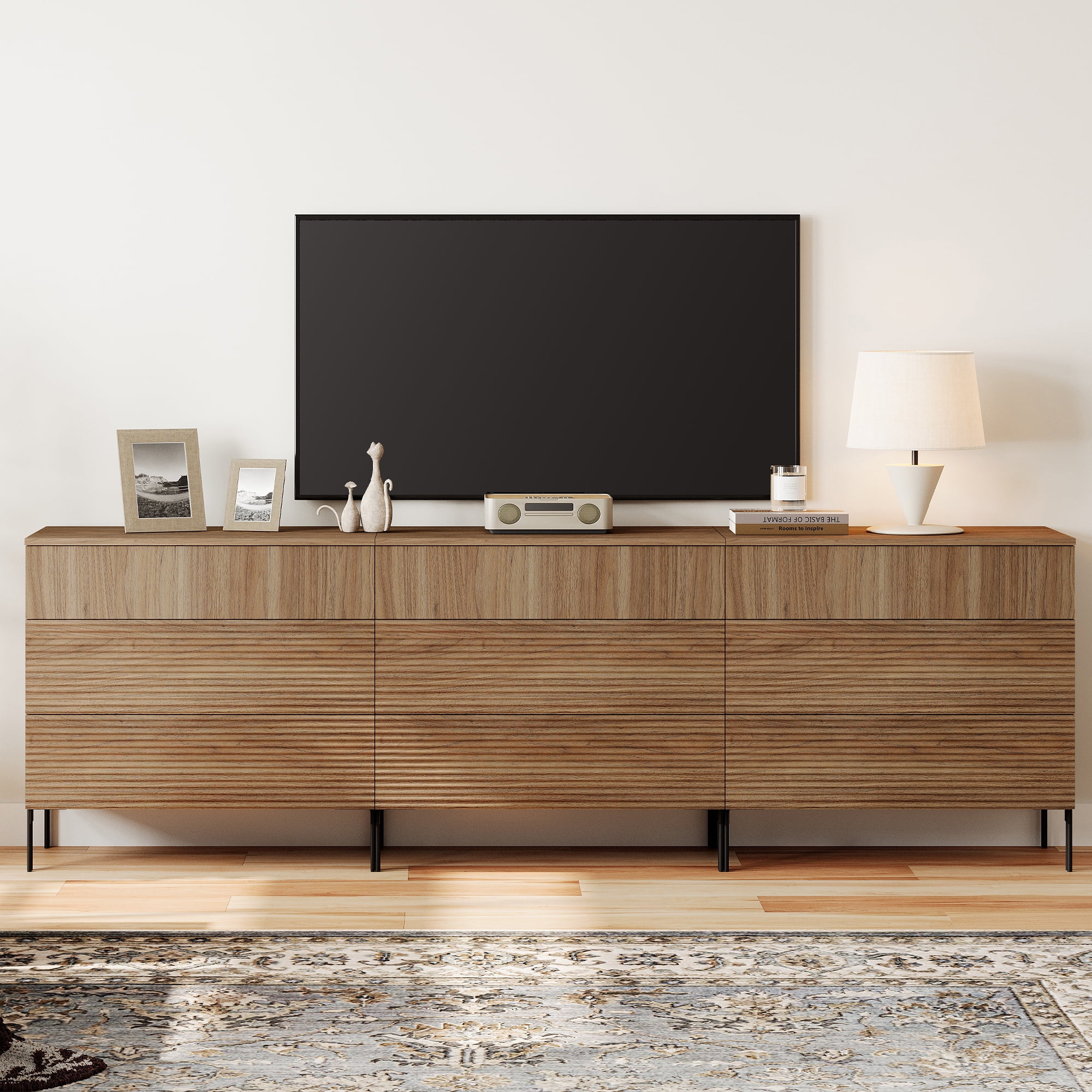 Modern 9 Drawer Dresser TV Stand for TVs up to 100 Inch, Reeded Entertainment Center, Wood TV Console with Storage for Living Room