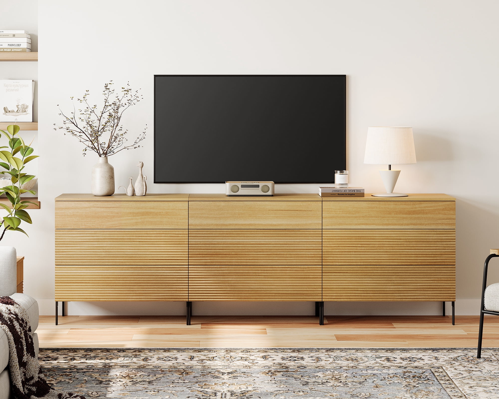 Modern 9 Drawer Dresser TV Stand for TVs up to 100 Inch, Reeded Entertainment Center, Wood TV Console with Storage for Living Room