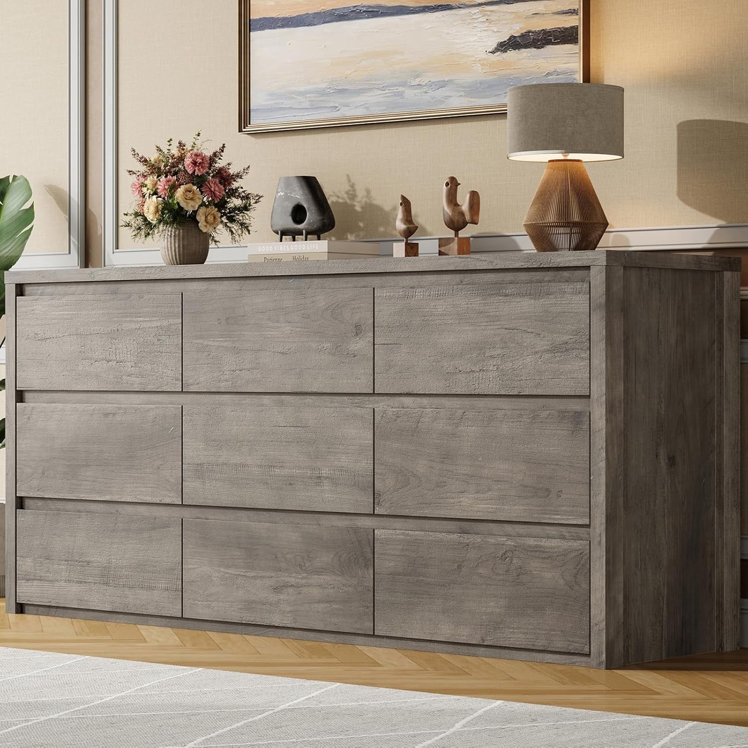 Modern 9 Drawer Dresser for Bedroom, Wide Wooden Chest, Large Storage Organizer, Versatile Furniture for Living Room Hallway Entryway - Gray