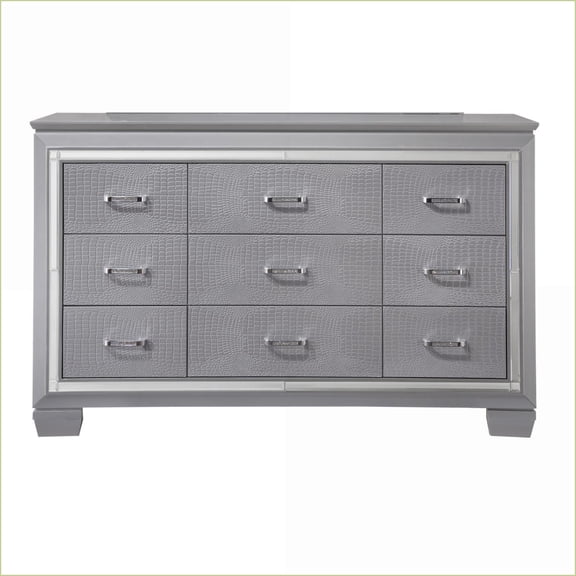 Modern 9-Drawer Dresser with Beveled Mirror Accents, Faux Crystal & Chrome Hardware | Silver | Wood