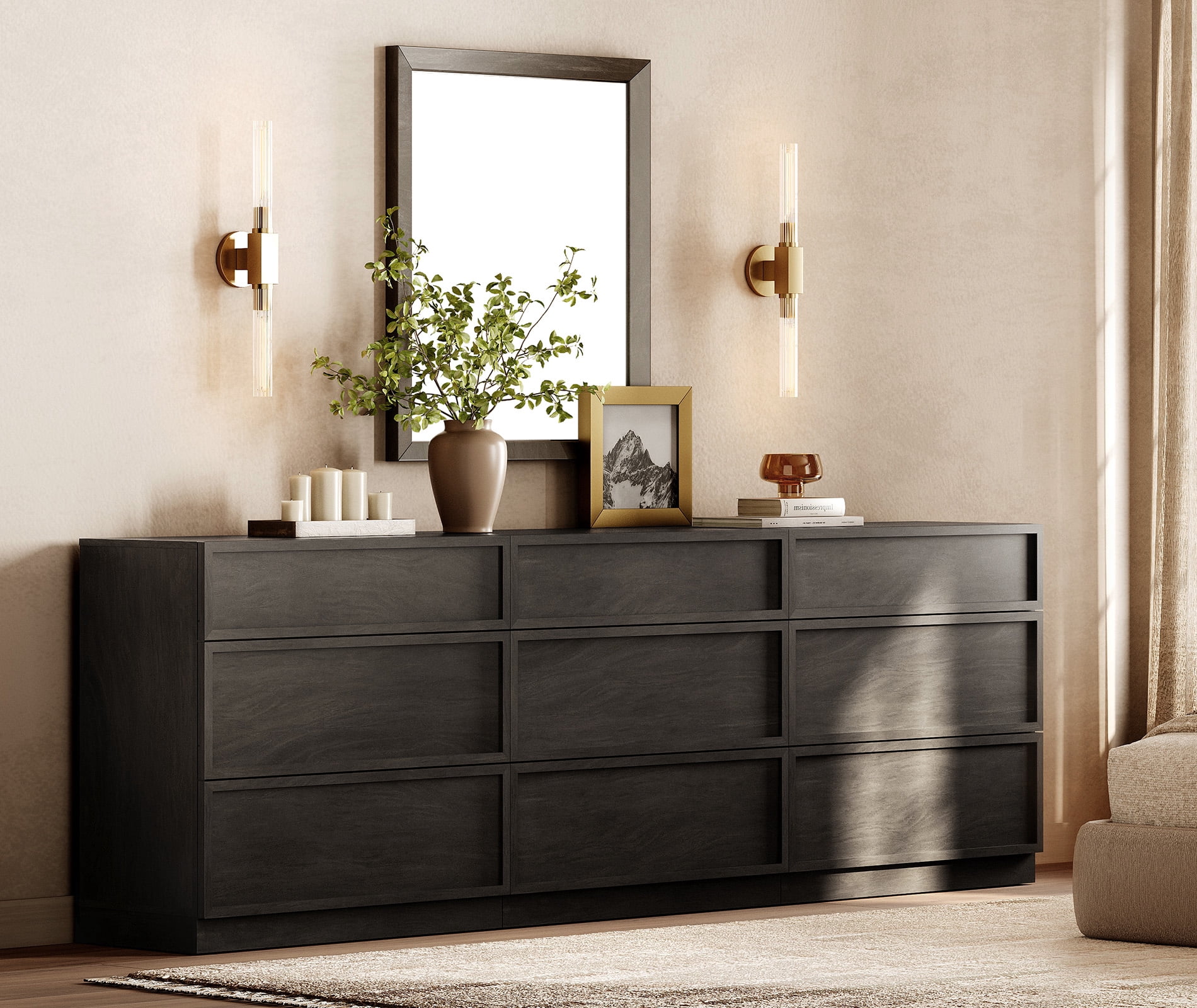 Modern 9-Drawer Wood Dresser, Handle-Free Push-Press Storage Chest with Solid Floor Base, Minimalist Storage Cabinet for Bedroom Living Room, Black